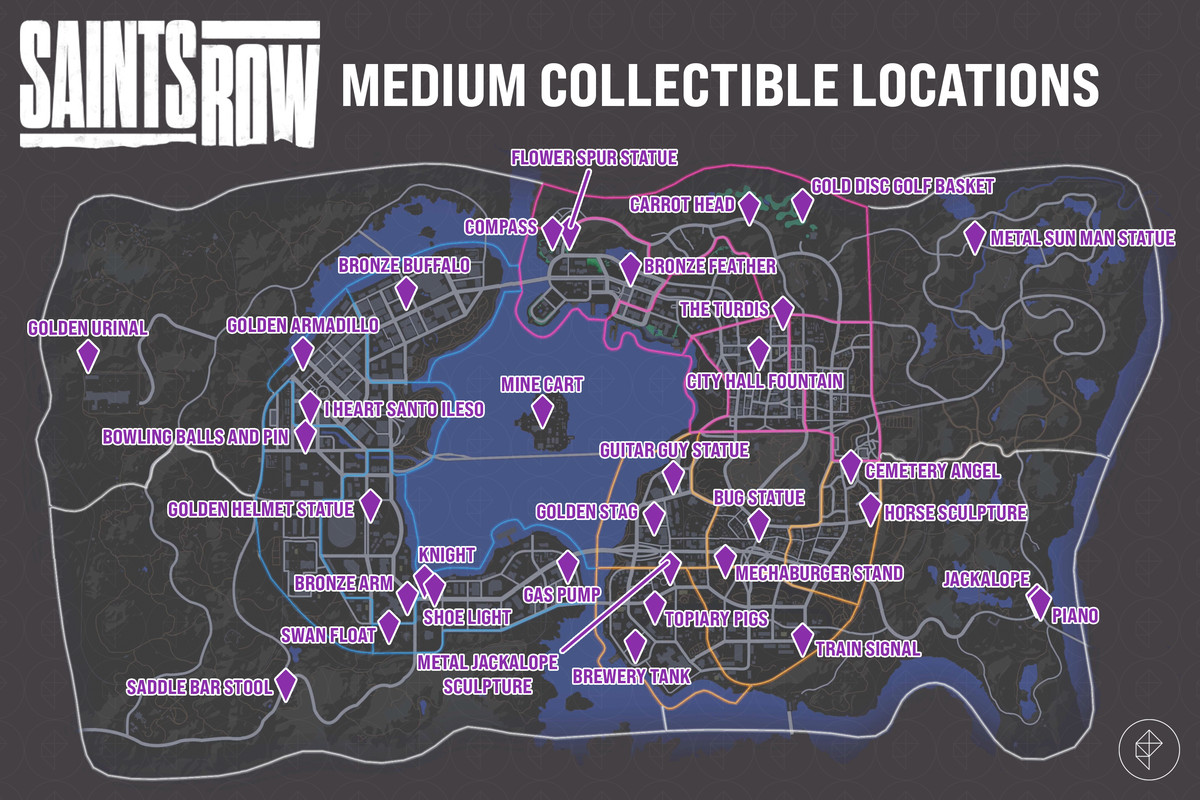 Saints Row map showing medium collectibles locations.