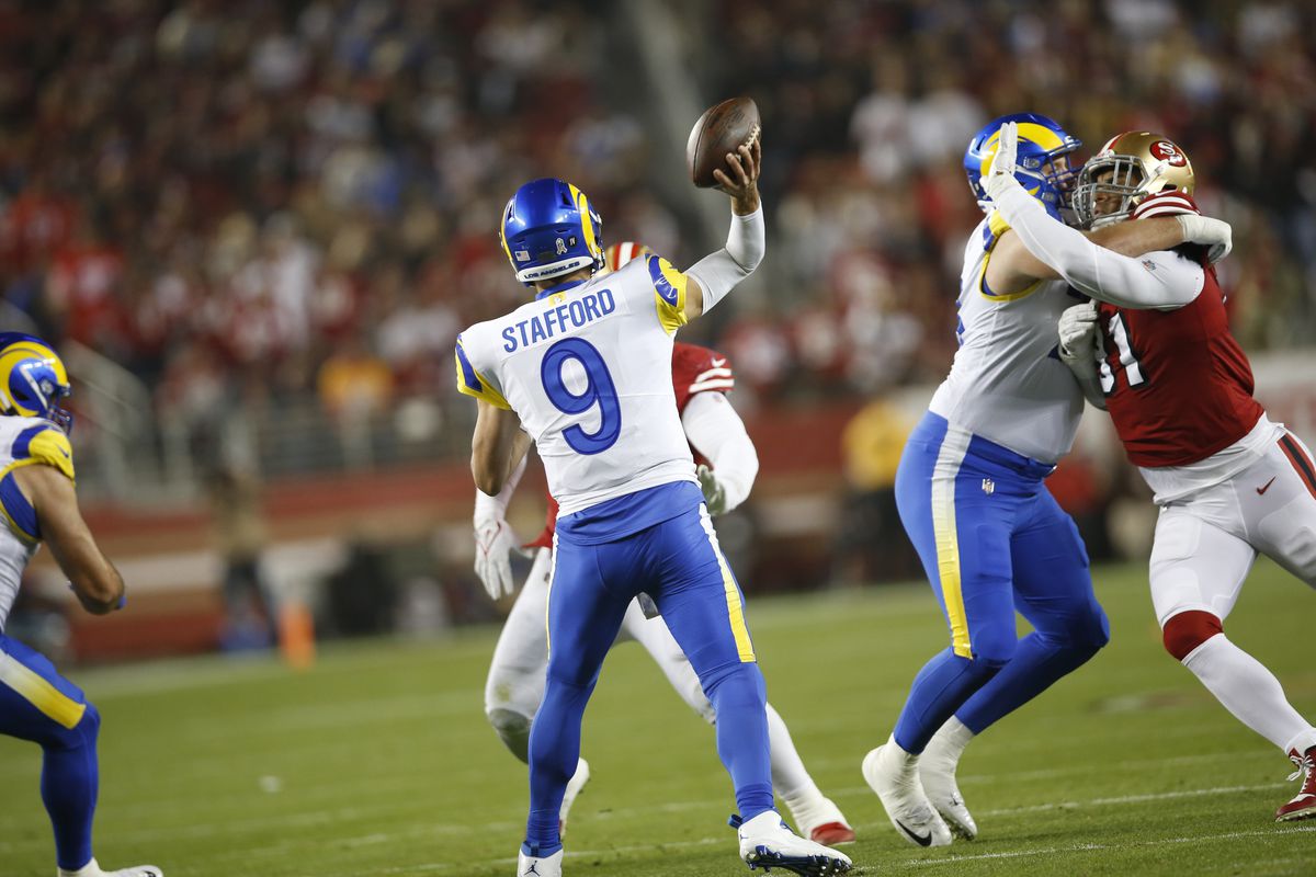 Matthew Stafford #9 of the Los Angeles Rams passes during the game against the San Francisco 49ers at Levi’s Stadium on November 15, 2021 in Santa Clara, California. The 49ers defeated the Rams 31-10.
