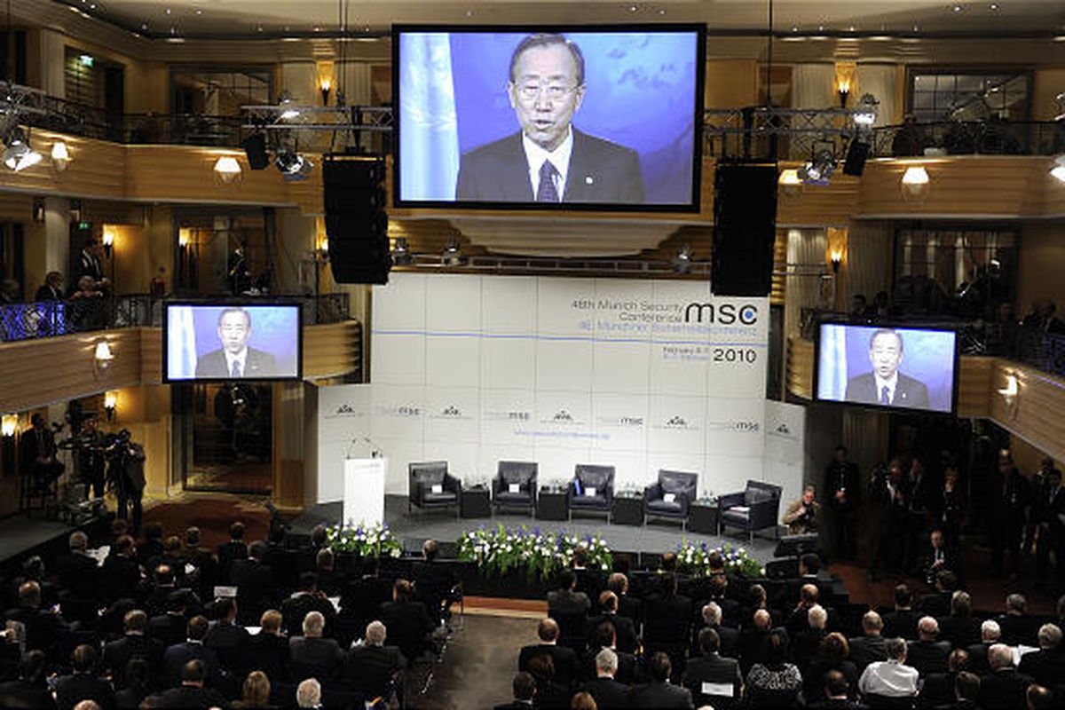 The Secretary General of the United Nations Ban Ki-moon talks via video message to the participants of the annual Munich Security conference in Munich, southern Germany, on Saturday.