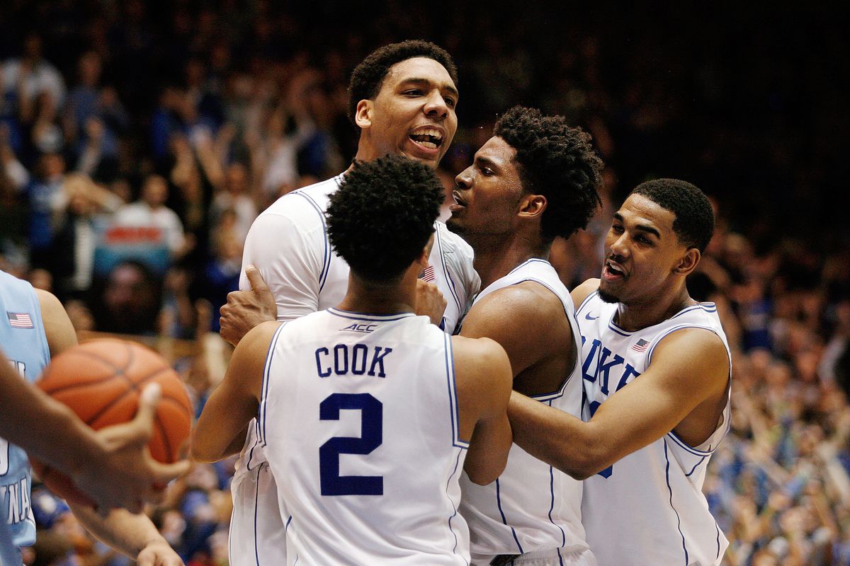 Feb 18, 2015; Durham, NC, USA; Duke Blue Devils center Jahlil Okafor (15) reacts after being fouled in overtime in their game against the North Carolina Tar Heels at Cameron Indoor Stadium.
