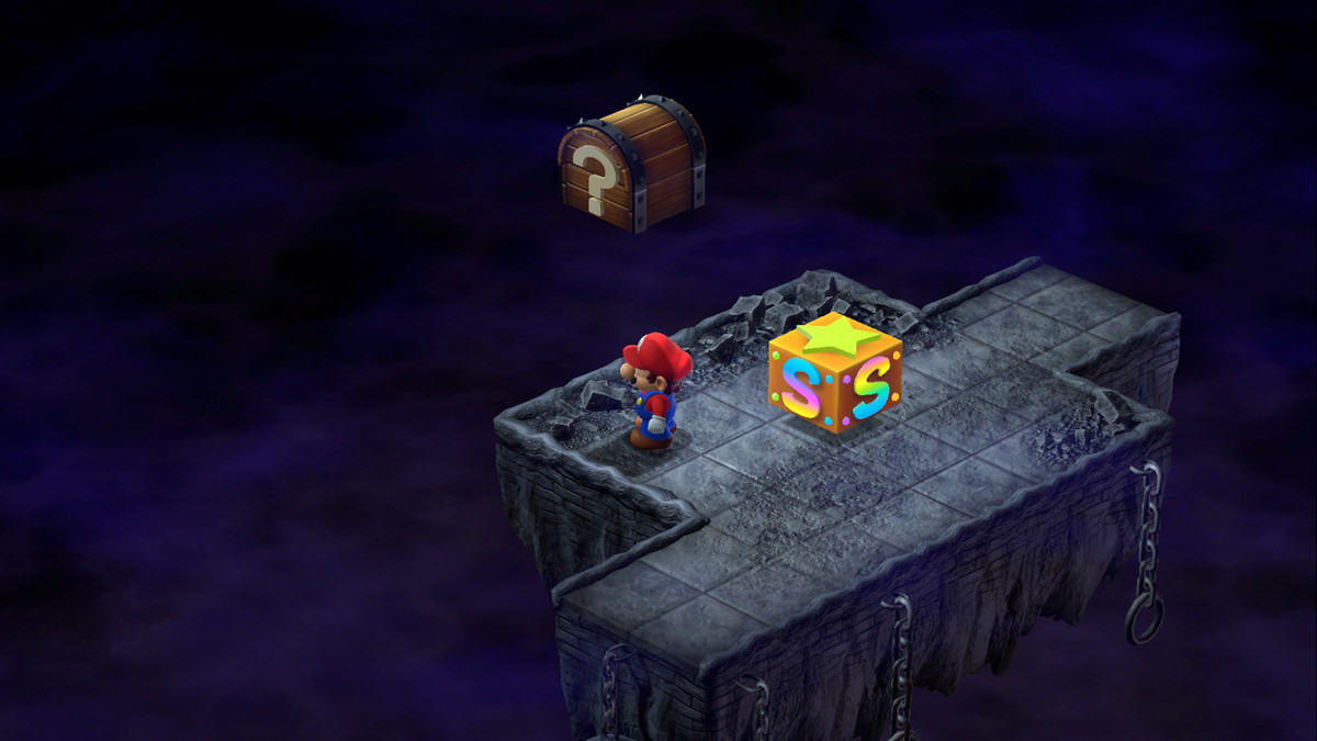 Mario stands next to a save block in the Smithy in Super Mario RPG.