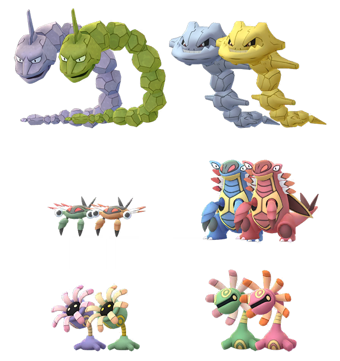 The Pokémon Go Shiny models of Onix, Steeilx, Anorith, Armaldo, Lileep, and Cradily