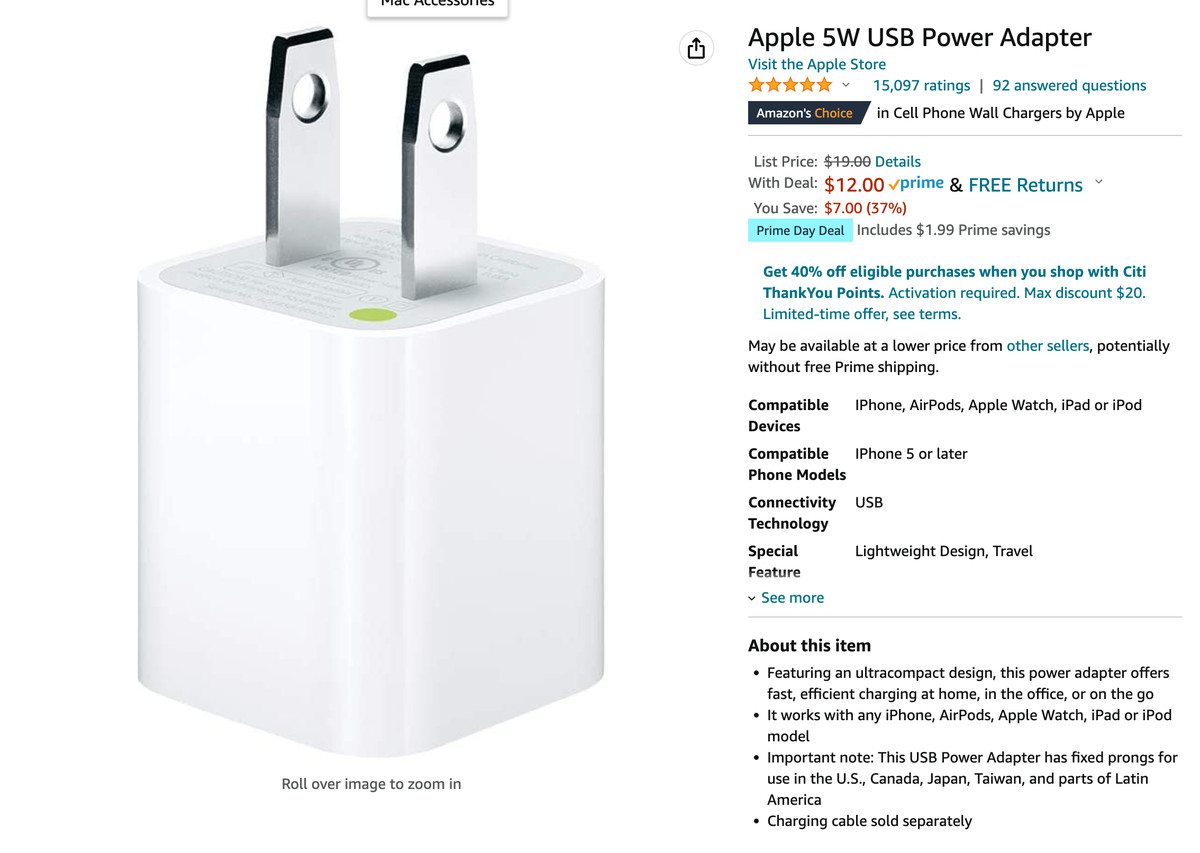 Amazon Prime deal listing for an Apple 5W power adaptor. 
