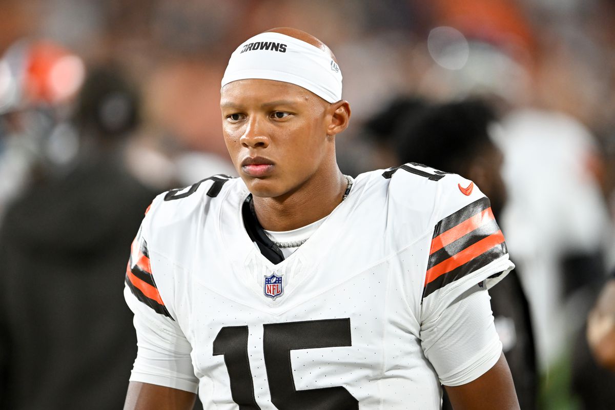 Joshua Dobbs #15 of the Cleveland Browns looks on prior to a preseason game against the Washington Commanders at Cleveland Browns Stadium on August 11, 2023 in Cleveland, Ohio.