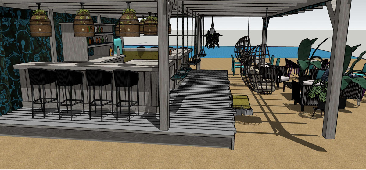 A rendering of a beachfront bar.