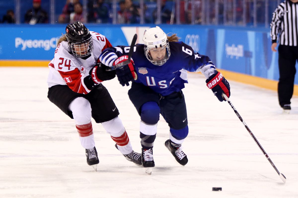 Kali Flanagan #6 of the United States controls the puck against Natalie Spooner #24 of Canada&nbsp;