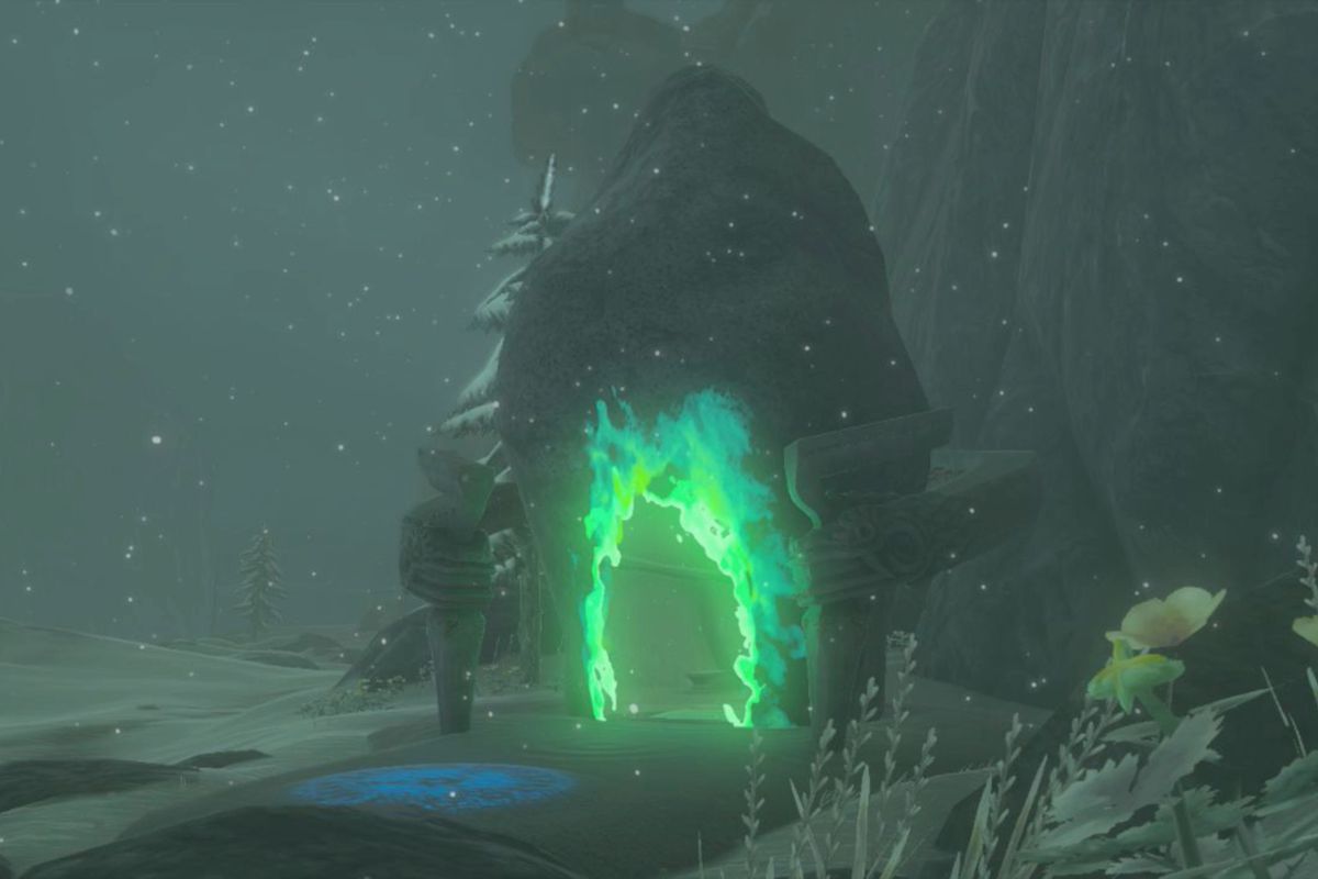 The Legend of Zelda: Tears of the Kingdom Sisuran Shrine exterior in the Hebra Mountains.
