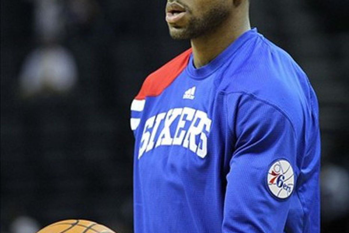 Feb 21, 2012; Memphis, TN, USA; Philadelphia 76ers forward Andre Iguodala warms up prior to the game against the Memphis Grizzlies at the FedEx Forum. Memphis defeated Philadelphia 89-76. Mandatory Credit: Nelson Chenault-US PRESSWIRE
