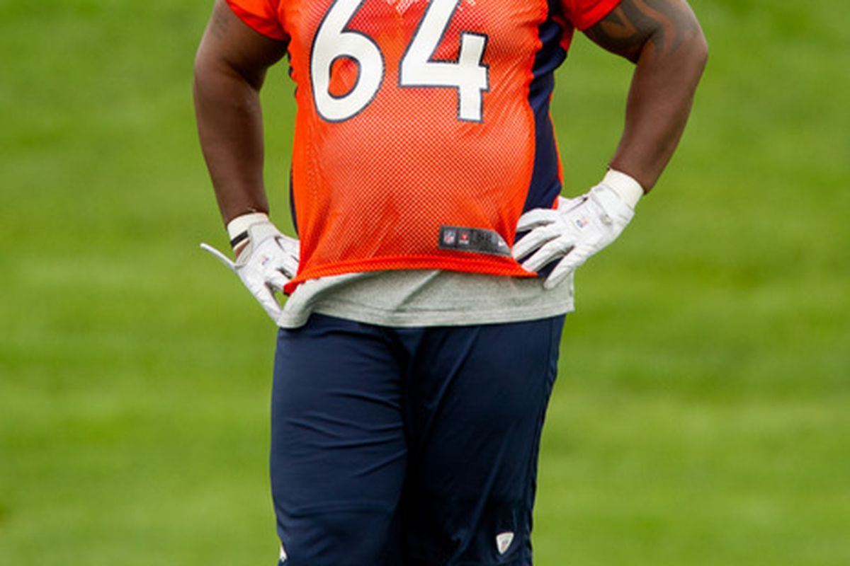 ENGLEWOOD, CO - MAY 11:  Center Phillip Blake #64 of the Denver Broncos looks on during rookie camp at Dove Valley on May 11, 2012 in Englewood, Colorado. (Photo by Justin Edmonds/Getty Images)