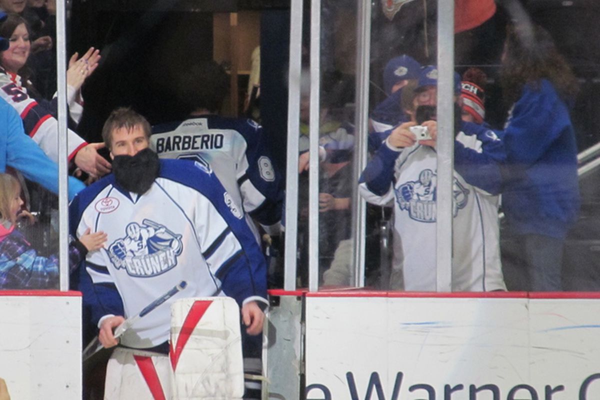 Crunch goaltender Cedrick Desjardins takes a spin as the first star of the game on 2/23 in a fake beard