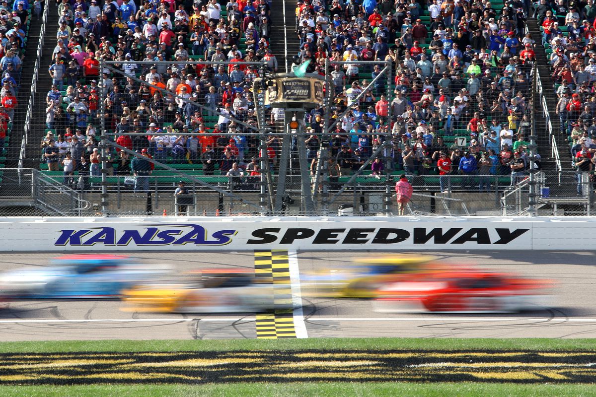 A general view of racing during the NASCAR Cup Series Hollywood Casino 400 at Kansas Speedway on October 24, 2021 in Kansas City, Kansas.