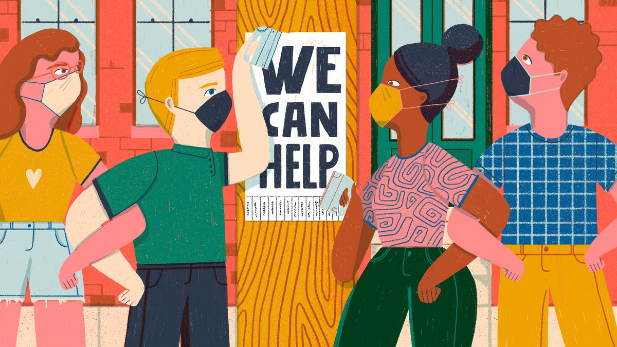 A variety of young people of various races and genders are standing in front of a telephone poll pasting up a sign reading “we can help” with small paper tabs of information that can be removed attached below the lettering. Illustration.