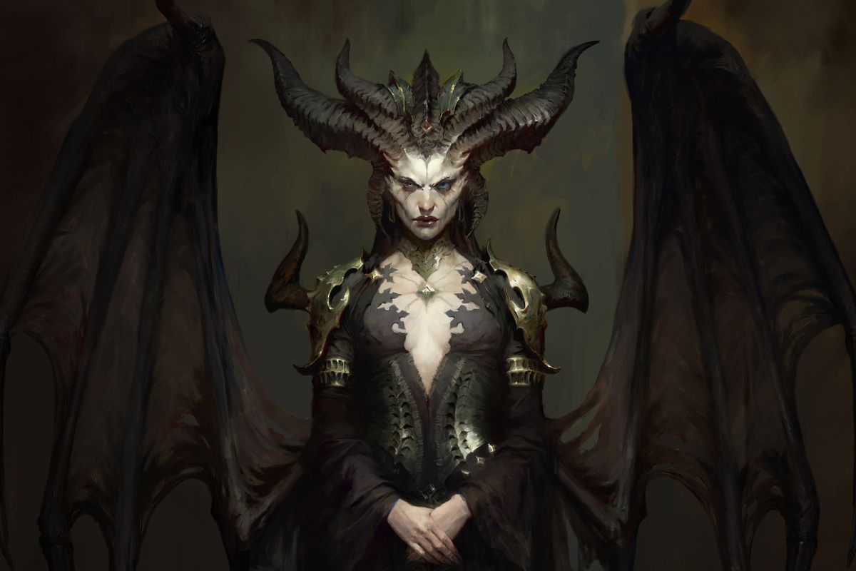 Diablo 4 - concept art of Lilith, the daughter of Mephisto. She is a horned woman with massive wings and an intimidating expression.