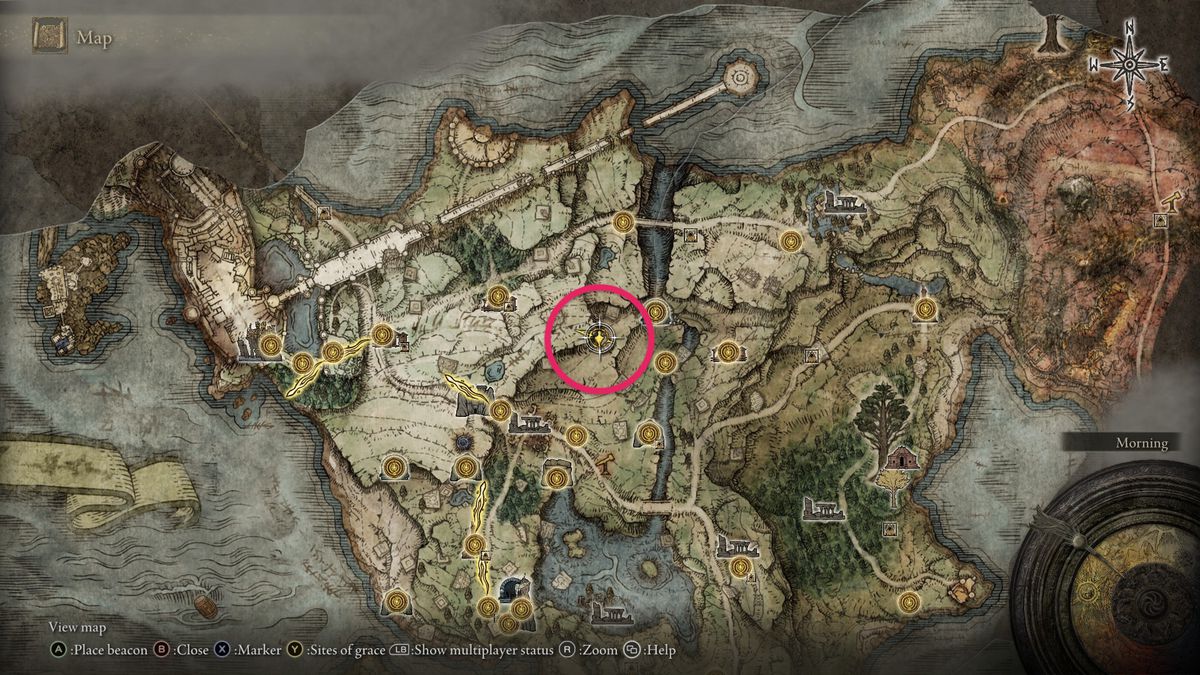 Elden Ring’s map showing the Spirit Spring that leads to Summonwater Village