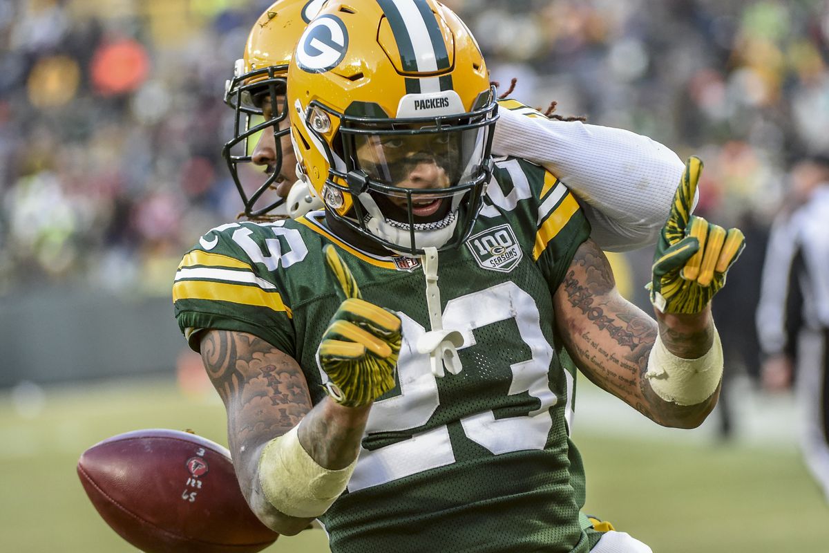 Green Bay Packers cornerback Jaire Alexander reacts after a play in the fourth quarter during the game against the Atlanta Falcons at Lambeau Field.