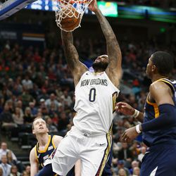 New Orleans Pelicans center DeMarcus Cousins (0) dunks as the Utah Jazz and the New Orleans Pelicans play an NBA basketball game at Vivint Arena in Salt Lake City on Wednesday, Jan. 3, 2018. The Pelicans won 108-98.