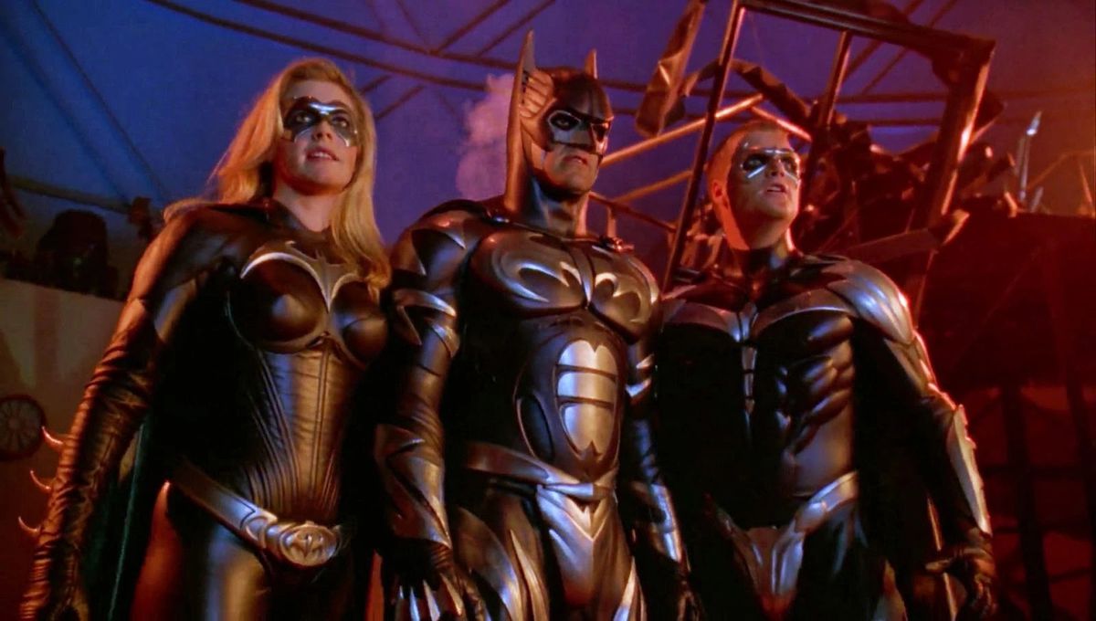 Batgirl (Alicia Silverstone), Batman (George Clooney), and Robin (Chris O’Donnell) in Batman &amp; Robin.