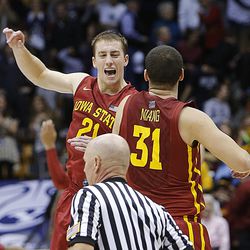 Iowa State players Matt Thomas and Georges Niang celebrate their win over BYU Wednesday, Nov. 20, 2013 in the Marriott Center 90-88.