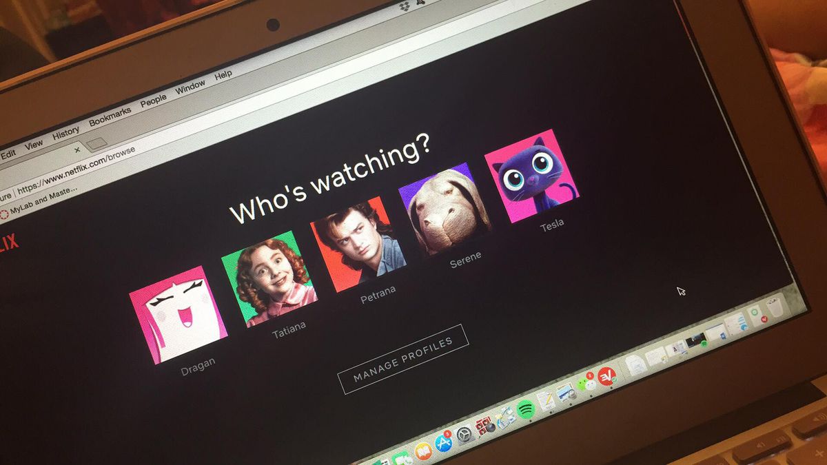 A Netflix login page depicting a default smiley face, Carmelita Spats from A Series of Unfortunate Events, Steve from Stranger Things, Okja, and a cartoon cat. It is on a laptop screen.