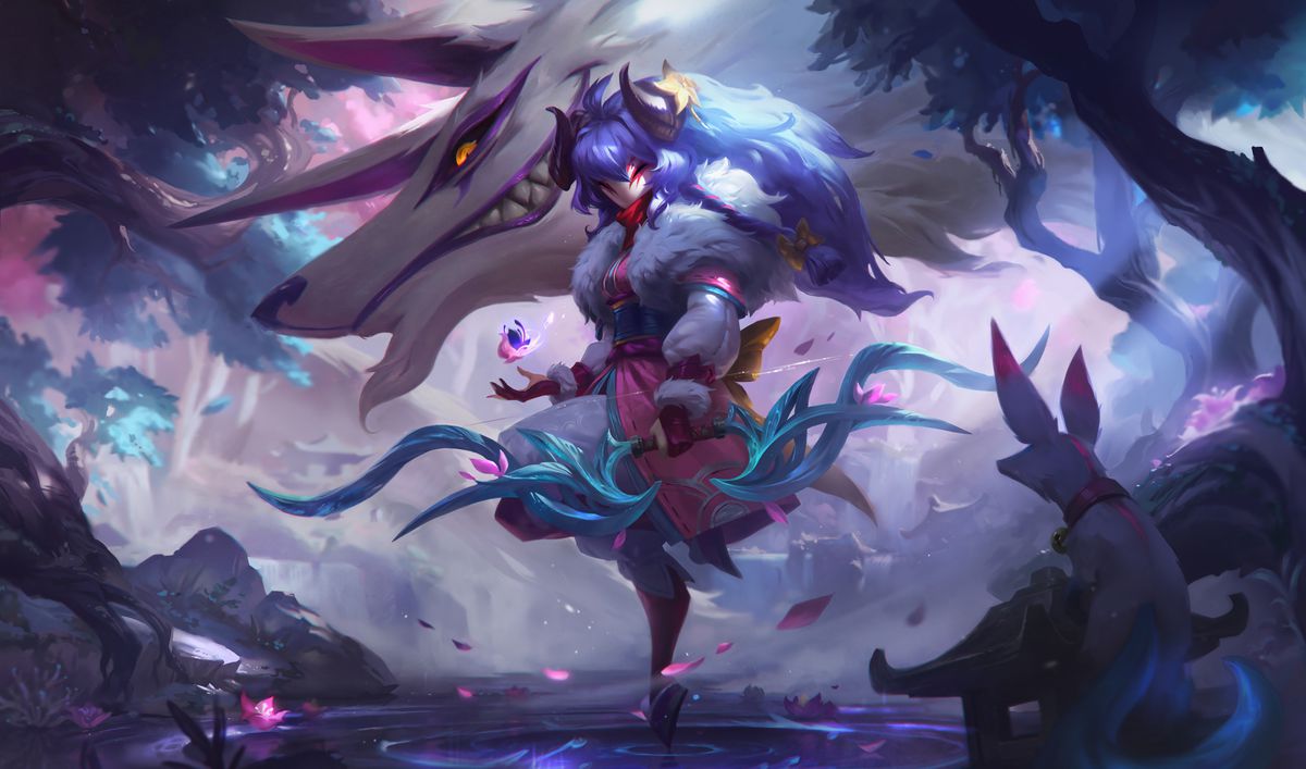 Kindred gently lands in some water as a kitsune-like Wolf appears by her side