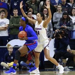 The SMU Mustangs take on the UConn Huskies in a women’s college basketball game at Gampel Pavilion in Storrs, CT on January 23, 2019.