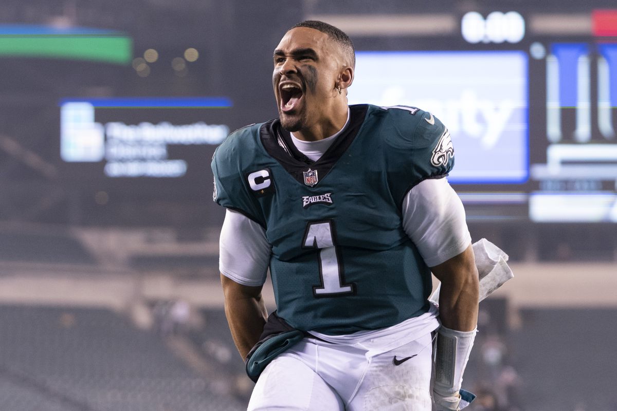 Jalen Hurts #1 of the Philadelphia Eagles reacts after the game against the Washington Football Team at Lincoln Financial Field on December 21, 2021 in Philadelphia, Pennsylvania.