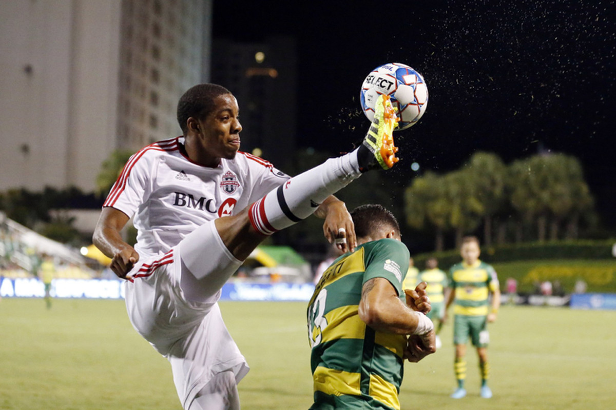 USL Photo - Toronto FC II’s Dante Campbell stretches to bring down a ball against the Tampa Bay Rowdies on Independence Day