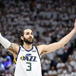 Utah Jazz guard Ricky Rubio (3) celebrates after center Rudy Gobert (27) dunked during Game 4 of the NBA playoffs against the Oklahoma City Thunder at Vivint Smart Home Arena on Monday, April 23, 2018.