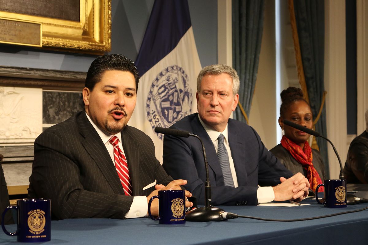Schools Chancellor Richard Carranza (left) at a press conference with Mayor Bill de Blasio