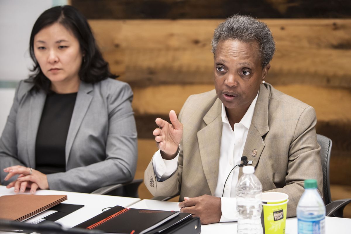 Mayor Lori Lightfoot meets with the Sun-Times Editorial Board August 30, 2019. At left is Budget Director Susie Park.