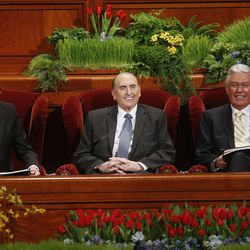 Presidents Henry B. Eyring, Thomas S. Monson and Dieter F. Uchtdorf smile prior to the Saturday afternoon session of 185th Annual General Conference for The Church of Jesus Christ of Latter-day Saints in Salt Lake City Saturday, April 4, 2015.