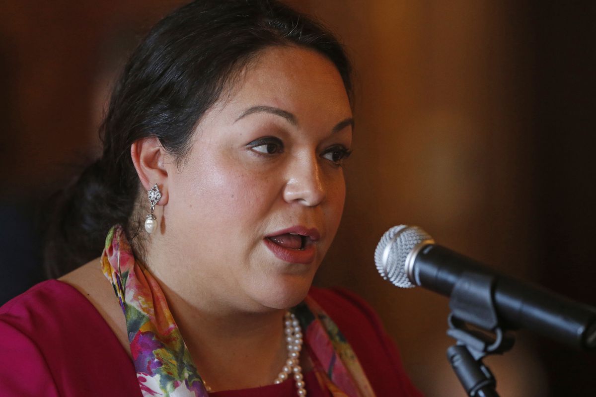 FILE - In this Feb. 6, 2018, photo, shows Democratic Sen. Luz Escamilla speaking during a news conference at the Utah State Capitol, in Salt Lake City.