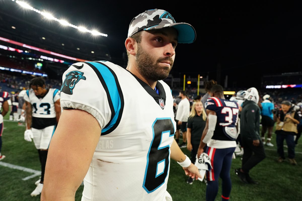 Carolina Panthers quarterback Baker Mayfield (6) exits the field after the game against the New England Patriots at Gillette Stadium.