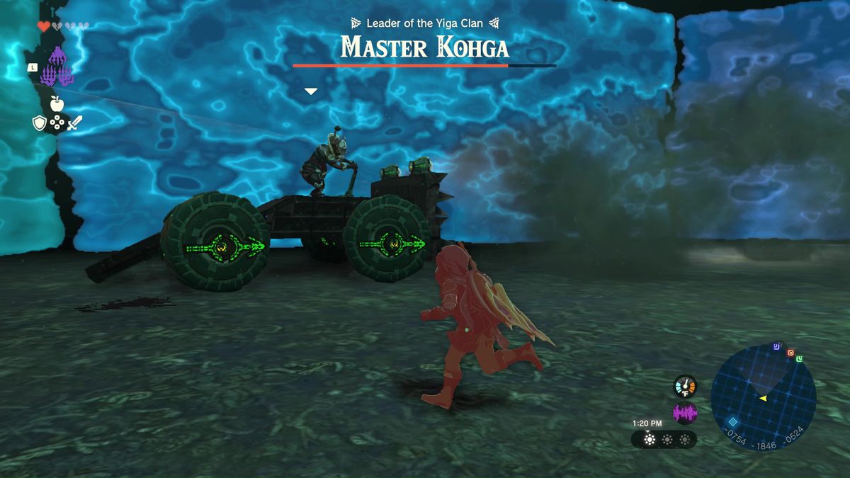 A damaged Link fighting Master Kohga on a vehicle in an arena
