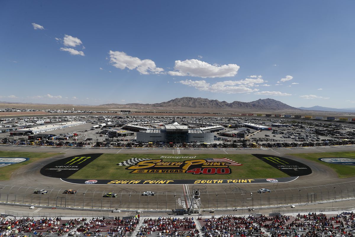 A general view of racing during the inaugural South Point 400 Monster Energy NASCAR Cup Series race on September 16, 2018, at Las Vegas Motor Speedway in Las Vegas, NV.