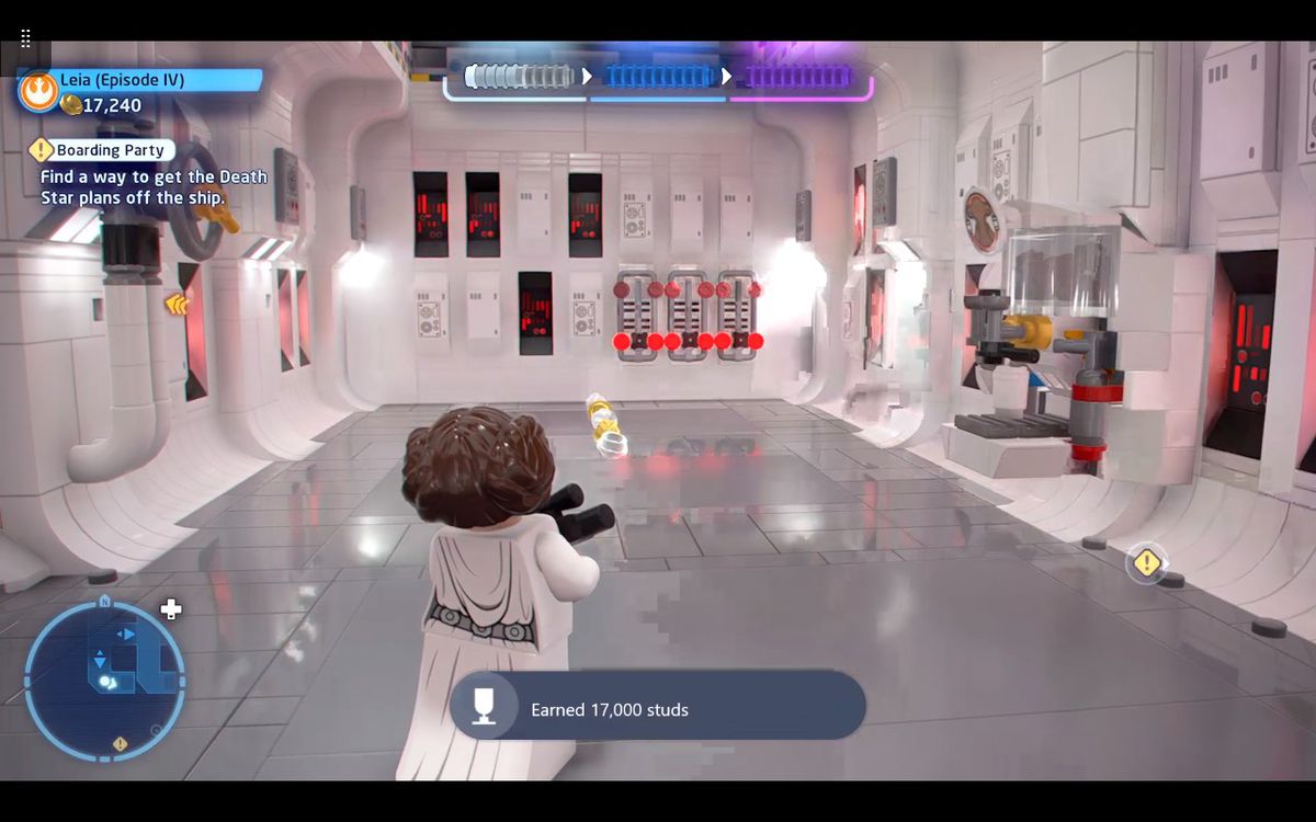A screenshot of Lego Star Wars: The Skywalker Saga showing some video artifacting in the floor reflections.