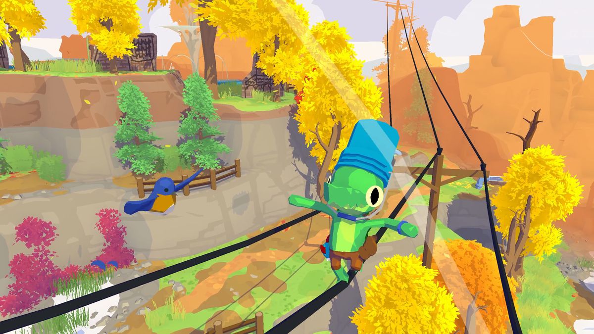 An anthropomorphized gator with big eyes walks along power lines like a tight rope while wearing a bucket on their head in Lil Gator Game. The surrounding world is colorful and cute.