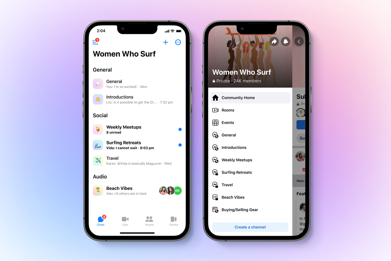 Two screenshots of the Facebook app are displayed on two iPhone X devices floating on a pink and blue cloud looking backdrop. The screens show an example of chats in a group called Women Who Surf