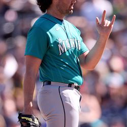 Robbie Ray #38 of the Seattle Mariners reacts during the first inning against the San Diego Padres in a spring training game at Peoria Stadium on February 24, 2023 in Peoria, Arizona.