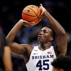 Brigham Young Cougars forward Fousseyni Traore (45) puts up a free-throw as BYU and Pacific play in an NCAA basketball game in Provo at the Marriott Center on Thursday, Jan. 6, 2022. BYU won 73-51.