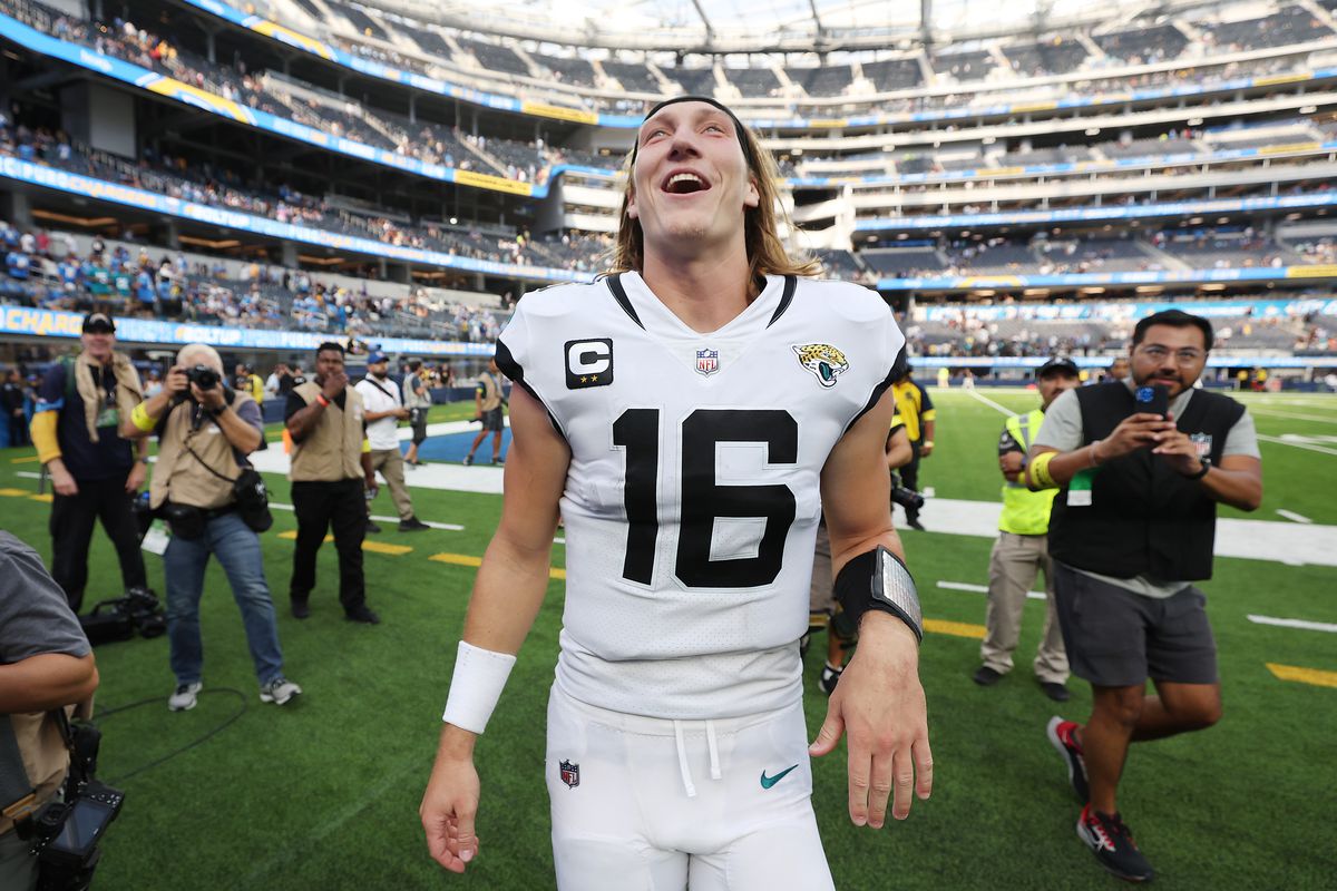 Trevor Lawrence #16 of the Jacksonville Jaguars reacts after his team’s 38-10 win against the Los Angeles Chargers at SoFi Stadium on September 25, 2022 in Inglewood, California.