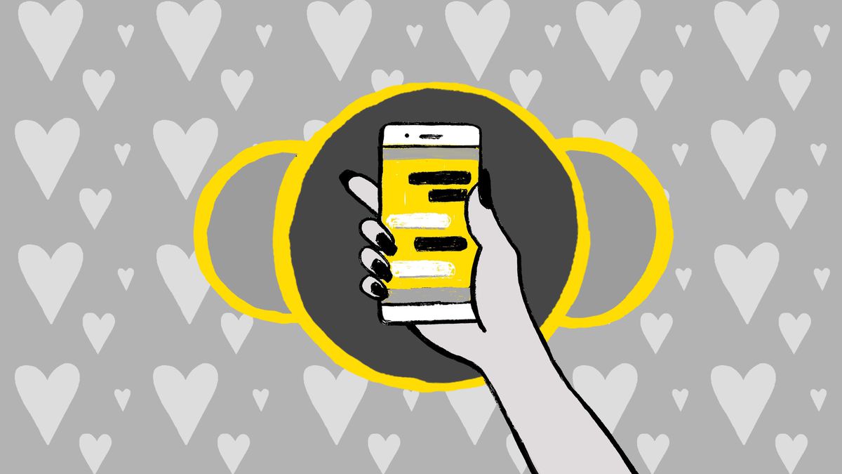 An illustration of a hand holding a smartphone against a background filled with hearts.