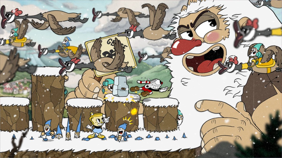 Cuphead and Ms. Chalice fight a large, bearded enemy while surrounded by a flock of geese.