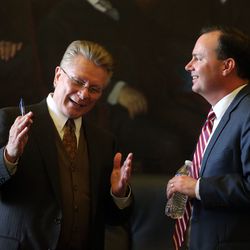 Spencer Austin, chief criminal deputy for the Utah Attorney General's Office, talks to Sen. Mike Lee after a press conference at the Capitol in Salt Lake City on Tuesday, May 1, 2018.