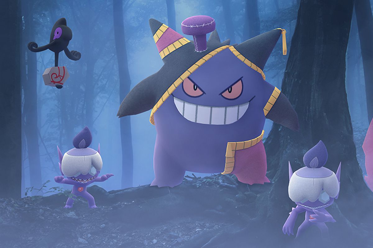 A frankenstein-like Gengar hangs out in a foggy forest with other ghost-type Pokémon