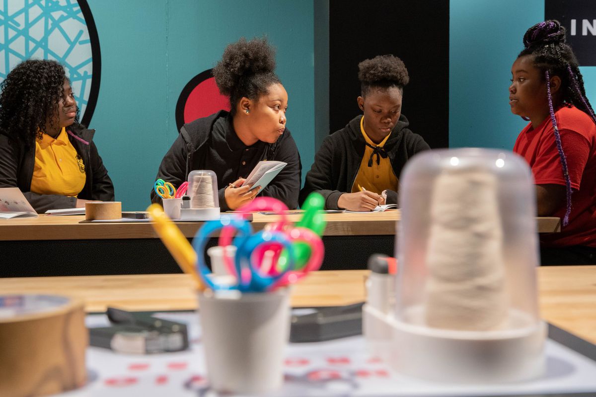 Young students from Emmett Till Elementary partake in the Museum of Science and Industry’s innovation studio which is part of the museum’s Black Creativity exhibit.