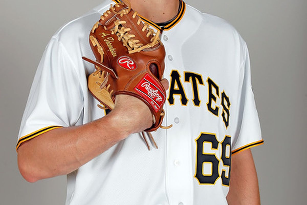 BRADENTON FL - FEBRUARY 20:  Pitcher Aaron Thompson #69 of the Pittsburgh Pirates poses for a photo during photo day at Pirate City on February 20 2011 in Bradenton Florida.  (Photo by J. Meric/Getty Images)