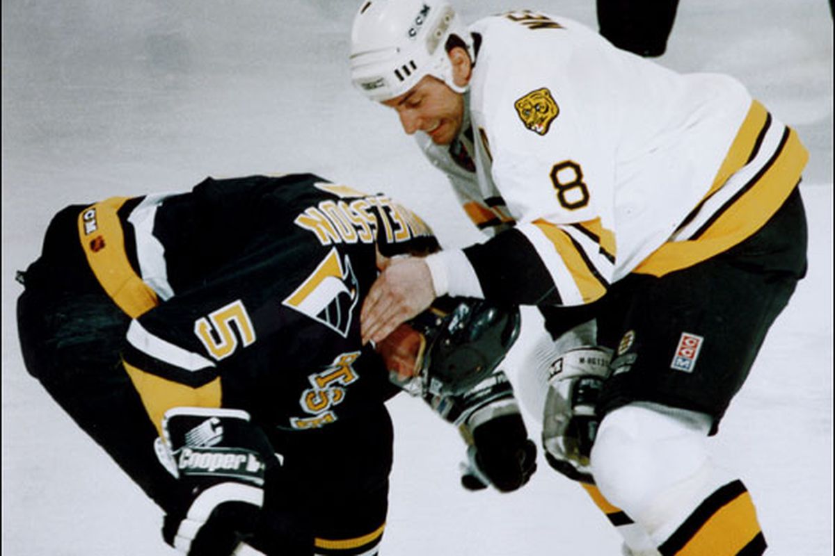 Cam Neely pounding down his best friend Ulf Samuelsson down to the ice in retaliation to the cheap shot he took on Neely's knee.