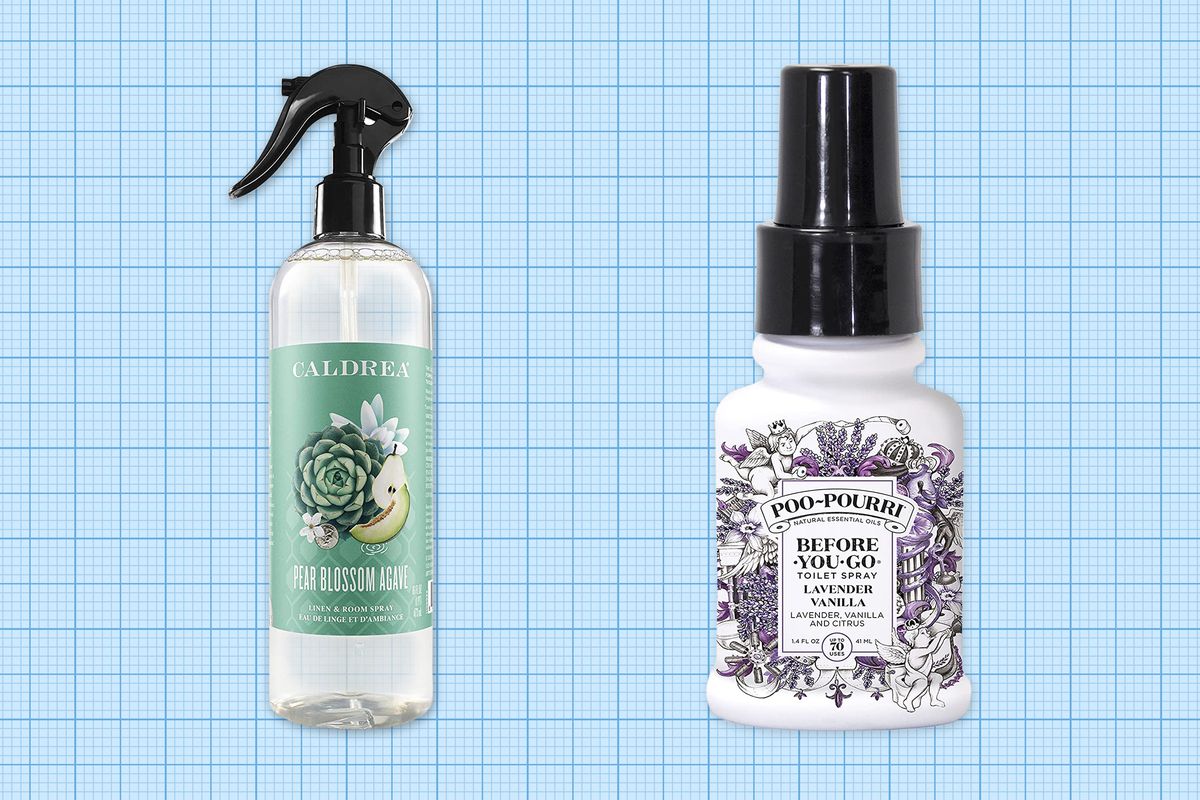 Caldrea Linen and Room Spray Air Freshener and Poo-Pourri Before-You-Go Toilet Spray against a blue graph paper background