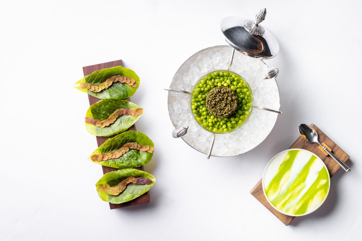 Tonburi caviar sits next to lettuce wraps and vegan creme fraiche